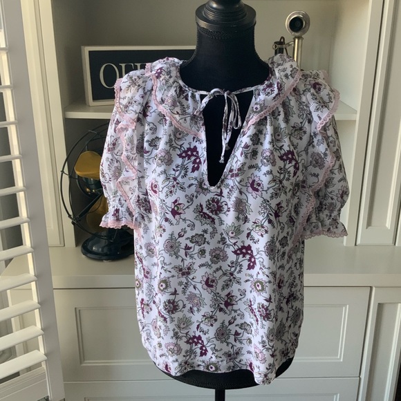 WILFRED ARITZIA Amyris Blouse White Mochi Pink Floral Peasant Boho Top SZ Small - Picture 6 of 13